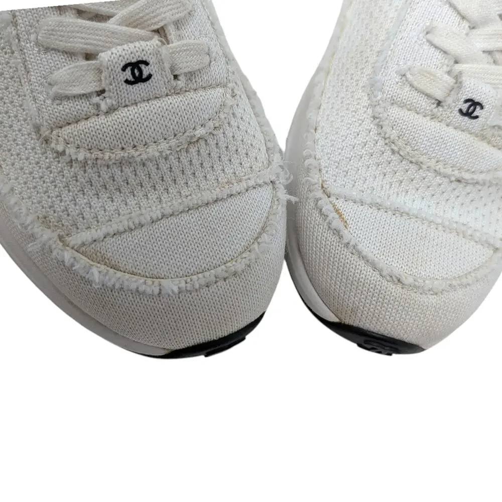 Chanel 2021 CC Logo Knit Sneakers Slip On White Black Athletic 39.5 | 9 | 8.5